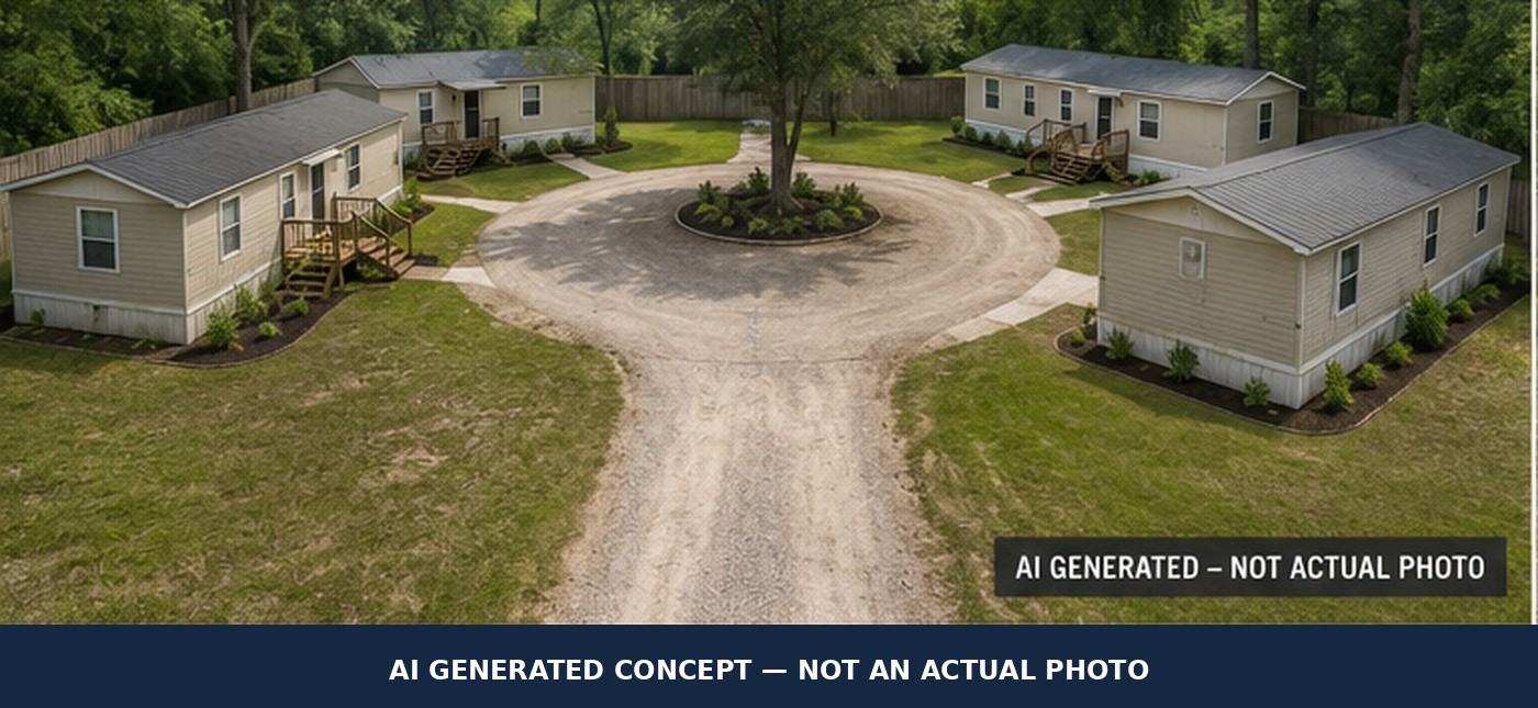 AI-generated conceptual illustration of a possible four-unit manufactured-home layout with central turnaround — not an approved site plan or actual photograph.