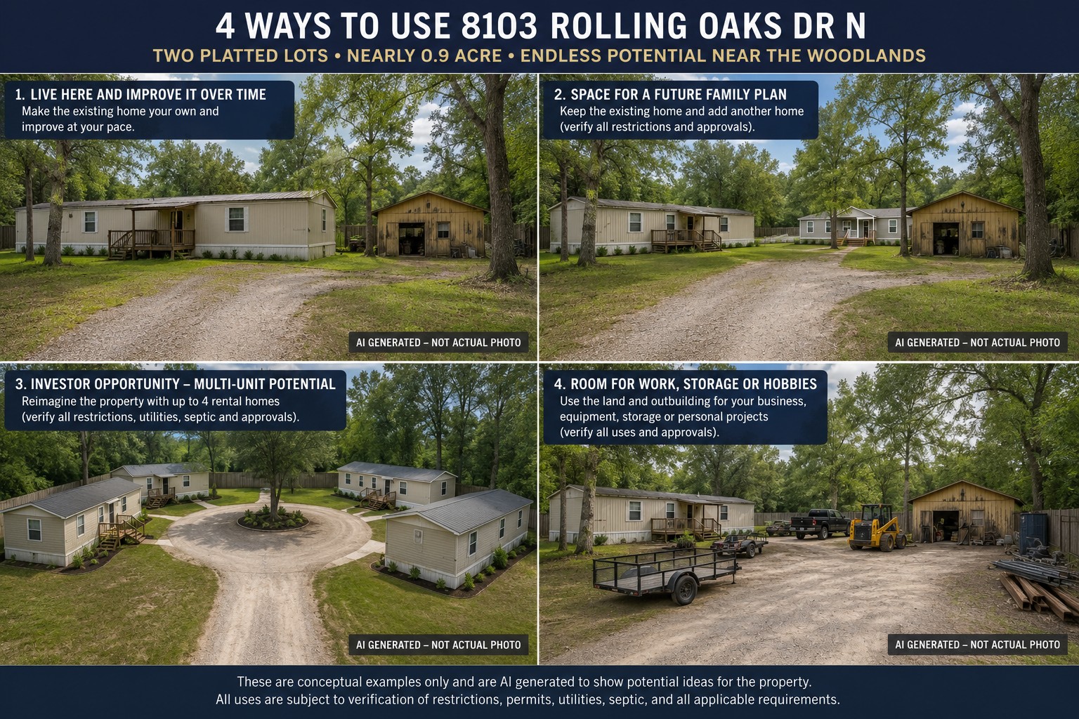 AI-generated conceptual collage showing four possible uses of 8103 Rolling Oaks Dr N — not actual photographs, site plans, or approved development plans.